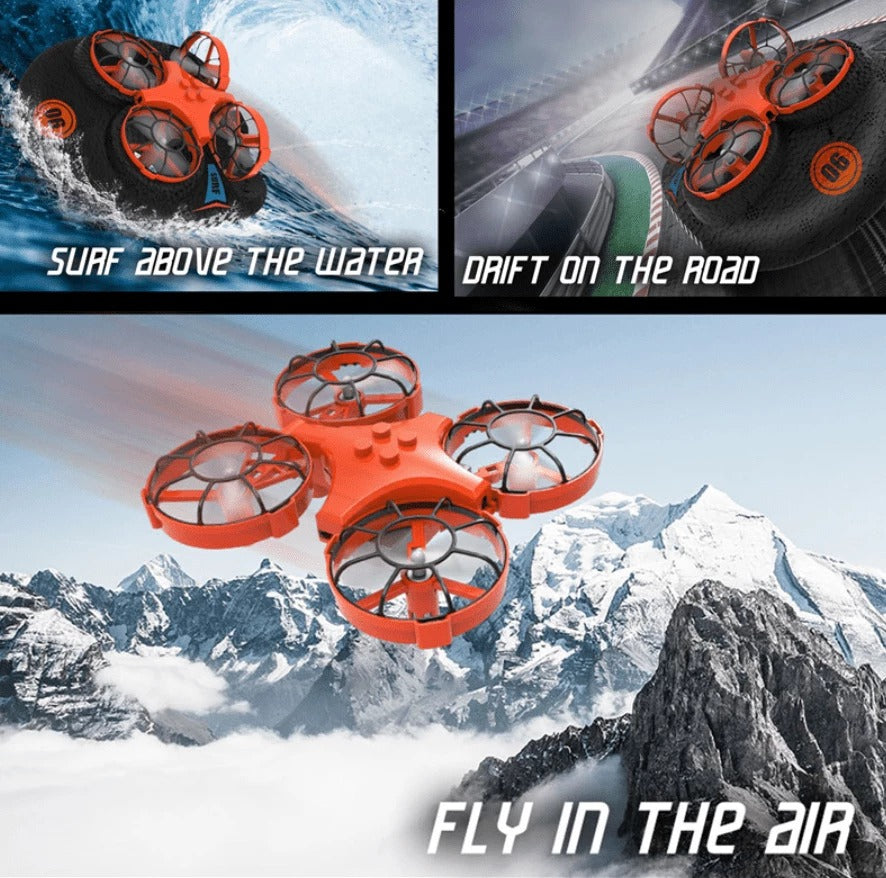 3-in-1 RC Hovercraft Drone Water, Land & Air Stunt Vehicle with 360° Flips, 6-Axis Gyro & Remote Control