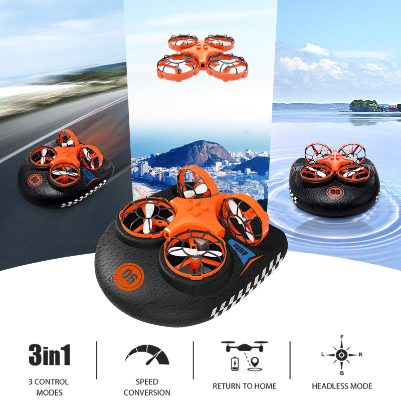 3-in-1 RC Hovercraft Drone Water, Land & Air Stunt Vehicle with 360° Flips, 6-Axis Gyro & Remote Control
